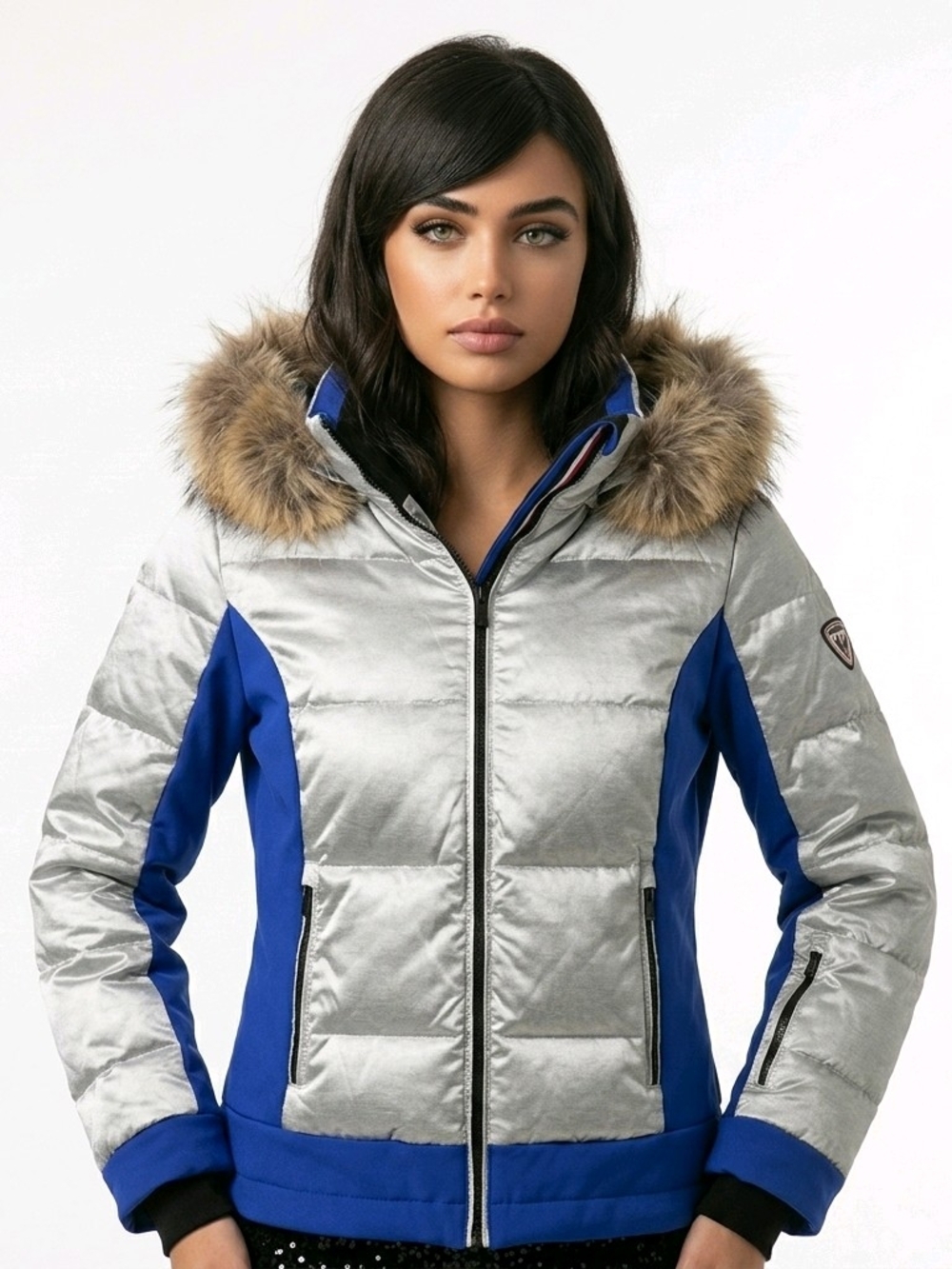 Rossignol Women's Silver and Blue Genuine Coyote-Fur Trim Puffer Jacket